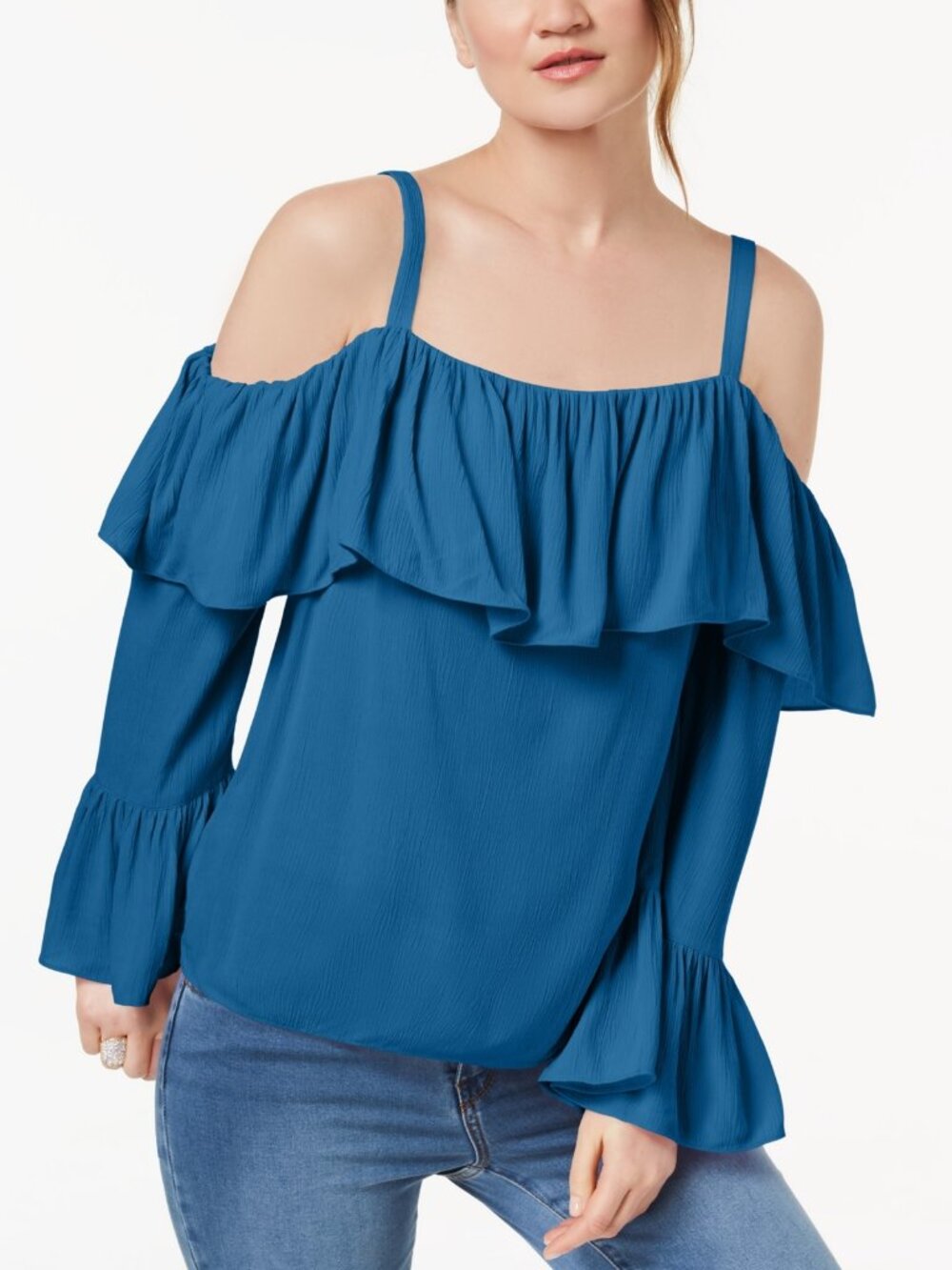 INC International Concepts Womens Ruffled Cold Shoulder Top